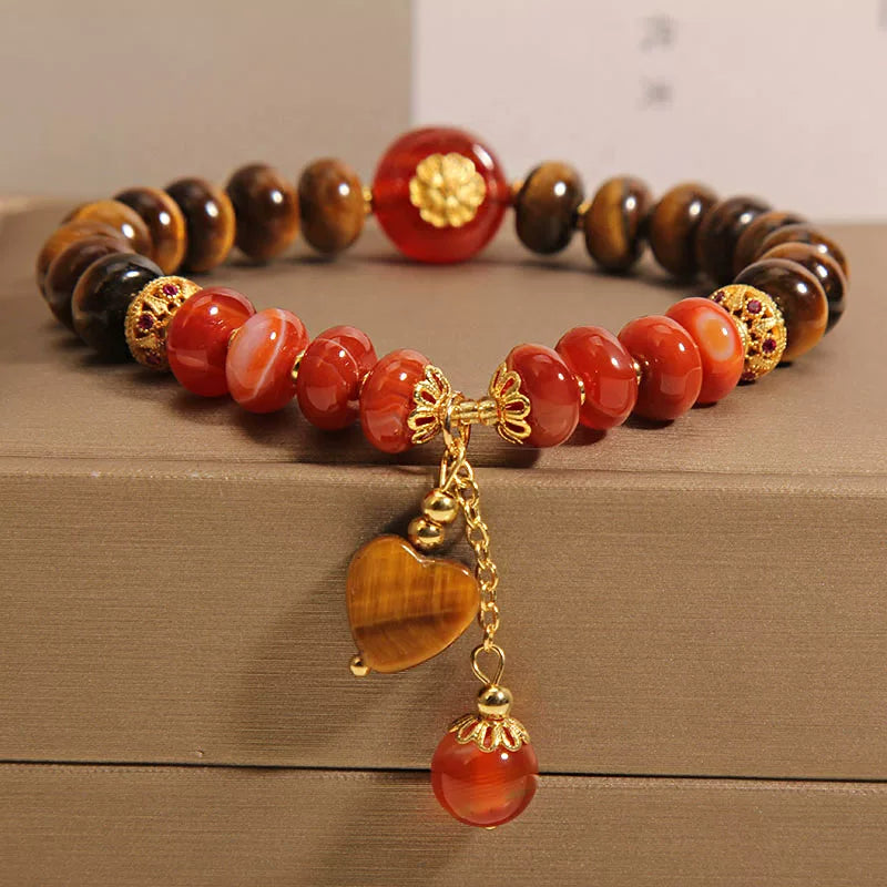 Tiger Eye Abacus Bracelet with Red Agate Heart – Retro New Chinese Style Beaded Hand Jewelry for Women