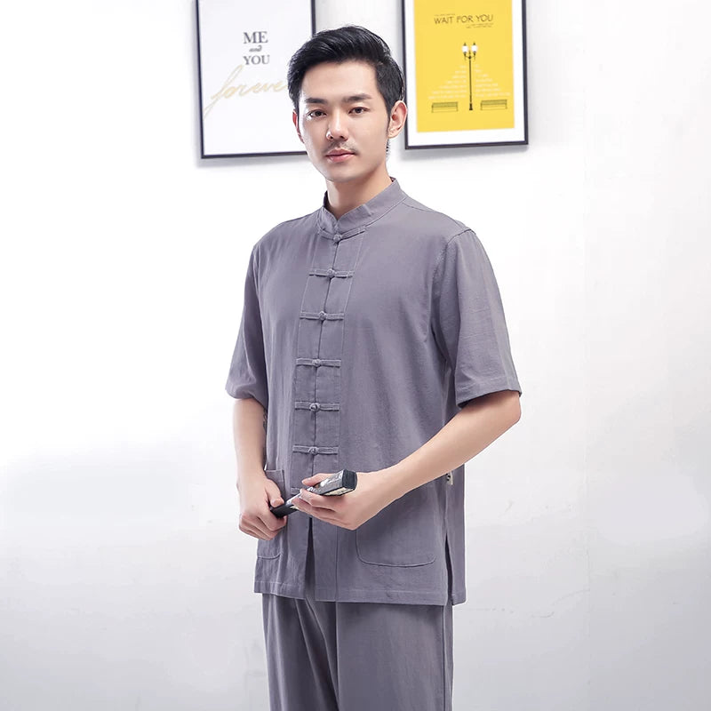 Zen Jushi Clothing – Cotton Linen Tai Chi & Yoga Outfit, Unisex Dharma / Tea Ceremony Suit Grey Short sleeves