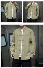 Ramie Stand Collar Men's Autumn Chinese Style Retro Long Sleeved Cotton Linen Shirt