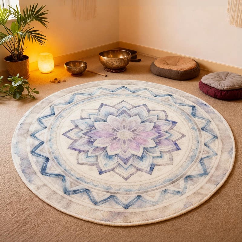 Singing Bowl Healing Room Carpet Round Meditation Mat Ice blue