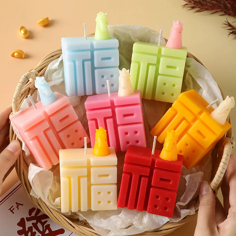7-Color Fu Character Soy Wax Candles – Lucky Chinese Good Fortune Scented Candle Gift