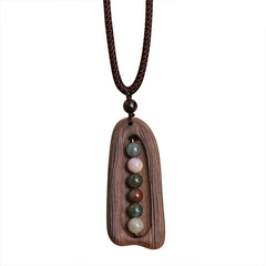 Retro Wood & Agate Necklace – Tibetan Style Sandalwood Pendant with Fortune Bead, Artsy Minimalist Jewelry