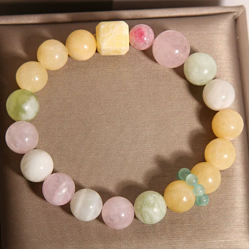 Luxury Square-Cut Yellow Jade & Rose Quartz Bracelet – Minimalist Multi-Stone Beaded Jewelry for Women