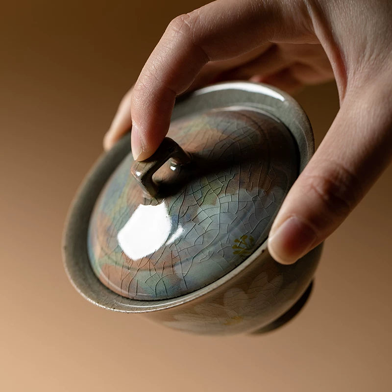 Hand-Painted Daisy Gaiwan 100ml – Rustic Ceramic 2-Piece Lid Bowl, Japanese Vintage Style