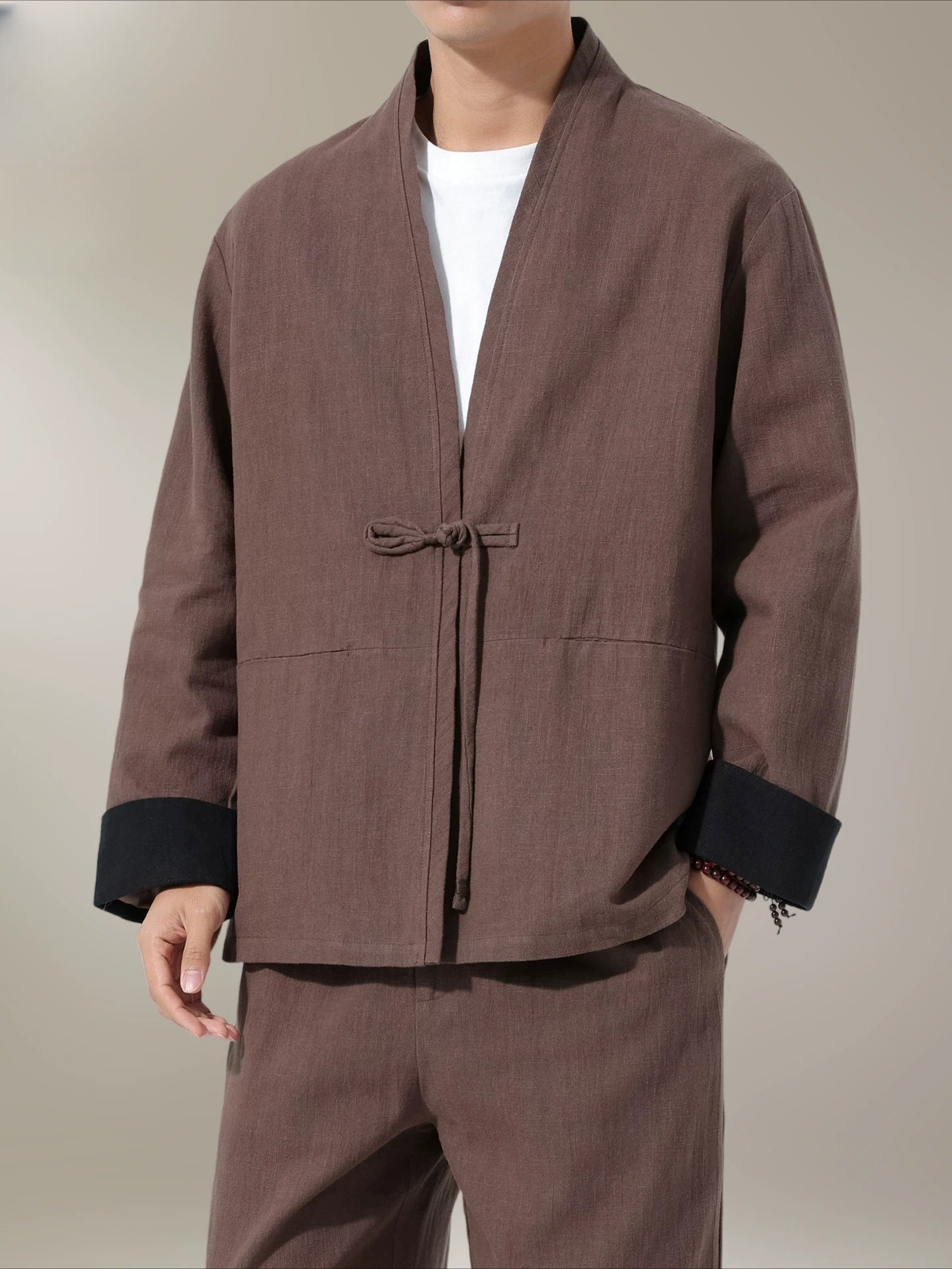 Large Size Men's Cotton Linen Kung Fu Uniform – Traditional 2-Piece Tang Suit for Tai Chi, Meditation & Daily Wear Coffee Top