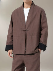 Large Size Men's Cotton Linen Kung Fu Uniform – Traditional 2-Piece Tang Suit for Tai Chi, Meditation & Daily Wear Coffee Top