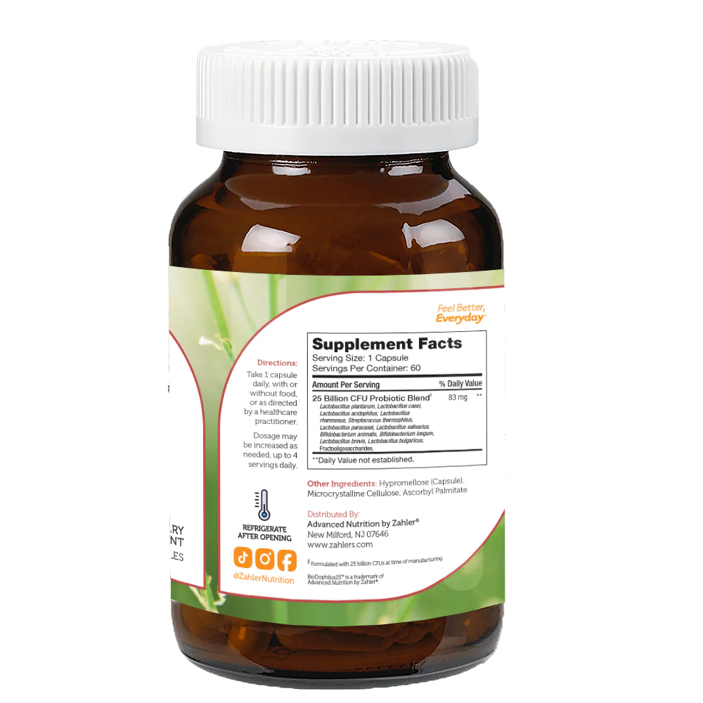 Zahler BioDophilus25, 25 Billion CFU Probiotic + Prebiotic - 11 Strains Daily Probiotic Supplement for Women for Digestive Health, Probiotics for Men for Gut Health (60 Capsules)