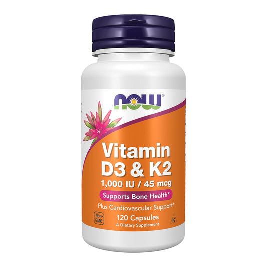 NOW Supplements, Vitamin D-3 & K-2, 1,000 IU/45 mcg,Plus Cardiovascular Support*, Supports Bone Health*, 120 veg Capsules