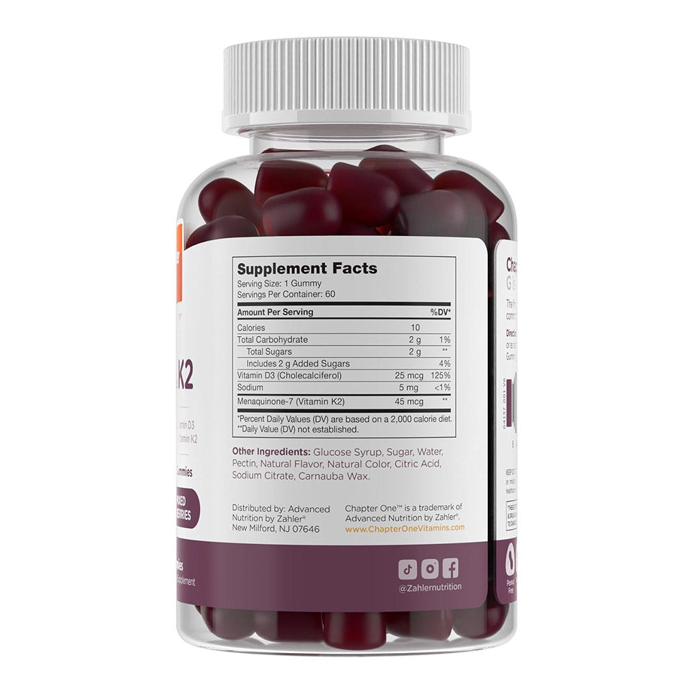 Zahler Chapter One Vitamin D3 K2 Gummies, Contains 1000IU of Vitamin D3 and 45MCG of Vitamin K2 60 Gummies