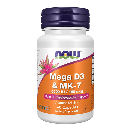 NOW Foods , Mega D-3 & MK-7 with Vitamins D-3 & K-2, 5,000 IU/180 mcg, Bone & Cardiovascular Support*, 60 Veg Capsules