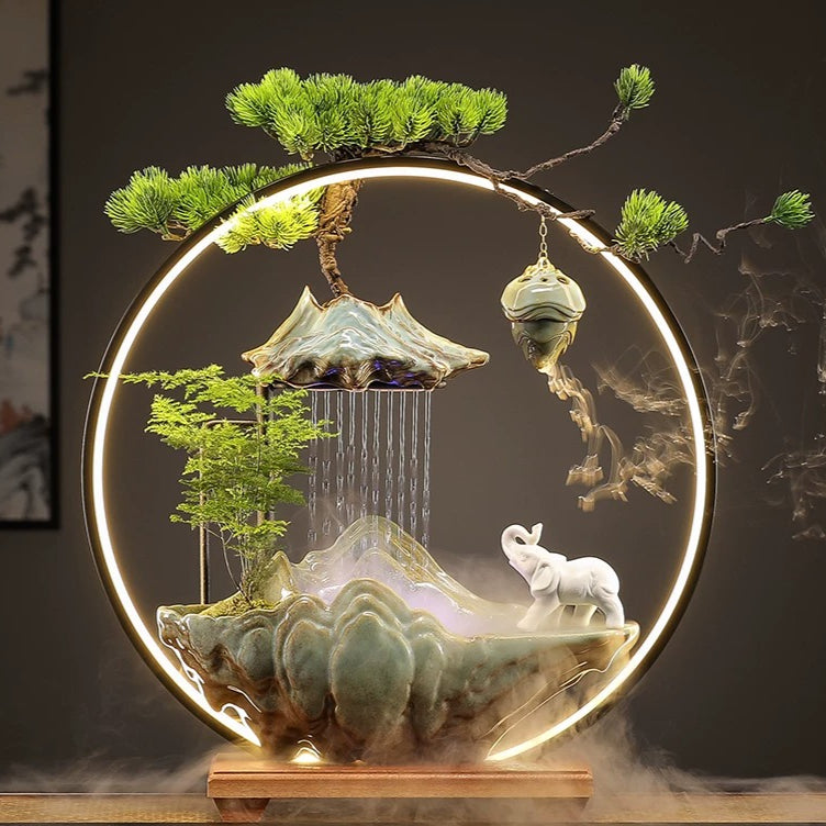 Flowing Water "High Mountain" Bonsai Fountain – Zen Tabletop Water Feature, Feng Shui Prosperity Gift Good fortune and peace L-50*15*52cm