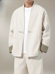 Large Size Men's Cotton Linen Kung Fu Uniform – Traditional 2-Piece Tang Suit for Tai Chi, Meditation & Daily Wear Beige Top