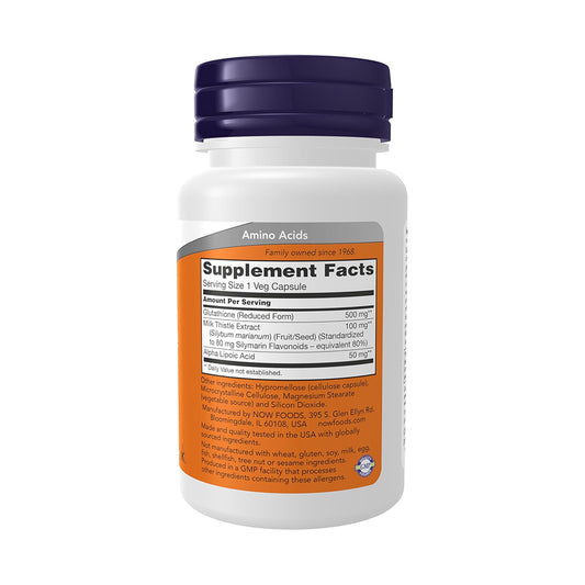 NOW Foods Supplements, Glutathione 500 mg, With Milk Thistle Extract & Alpha Lipoic Acid, 30 Veg Capsules