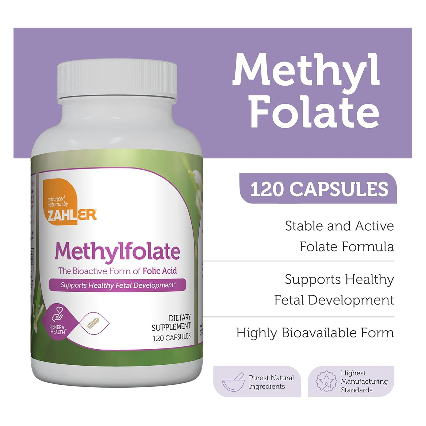 Zahler Methylfolate - Supports Healthy Fetal Development and Genetic Health 1,000 mcg DFE, 120 Capsules