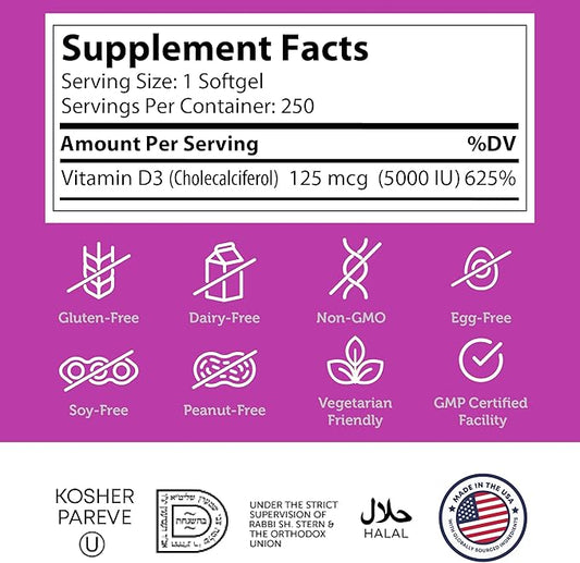 Zahler - Advanced Vitamin D3 5000 IU Softgels (250Count) Vitamin D for Immune Support, Bone, Teeth & Muscle Health