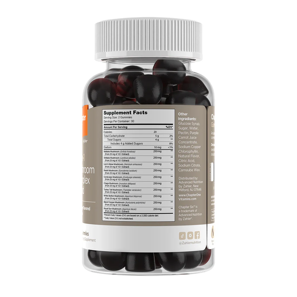 Zahler Chapter Six 10 in 1 Mushroom Complex Blend, Raspberry Flavored 60 Count.