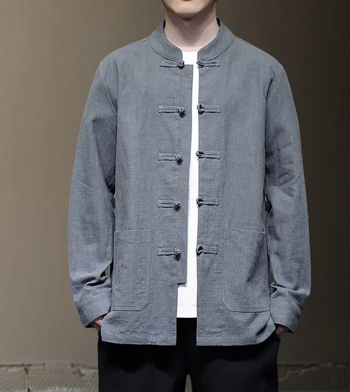 Ramie Stand Collar Men's Autumn Chinese Style Retro Long Sleeved Cotton Linen Shirt