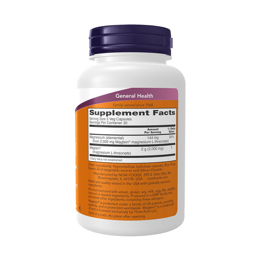 NOW Foods Supplements, Magtein™ with patented form of Magnesium (Mg), Cognitive Support*, 90 Veg Capsules