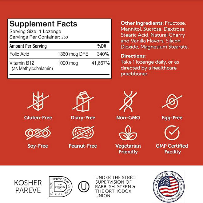 Zahler Energizer - Vitamin Methylated B12 & Folate Supplement with 1360 mcg Folic Acid + 1000 mcg Methyl Vitamin B12 (360 Count)
