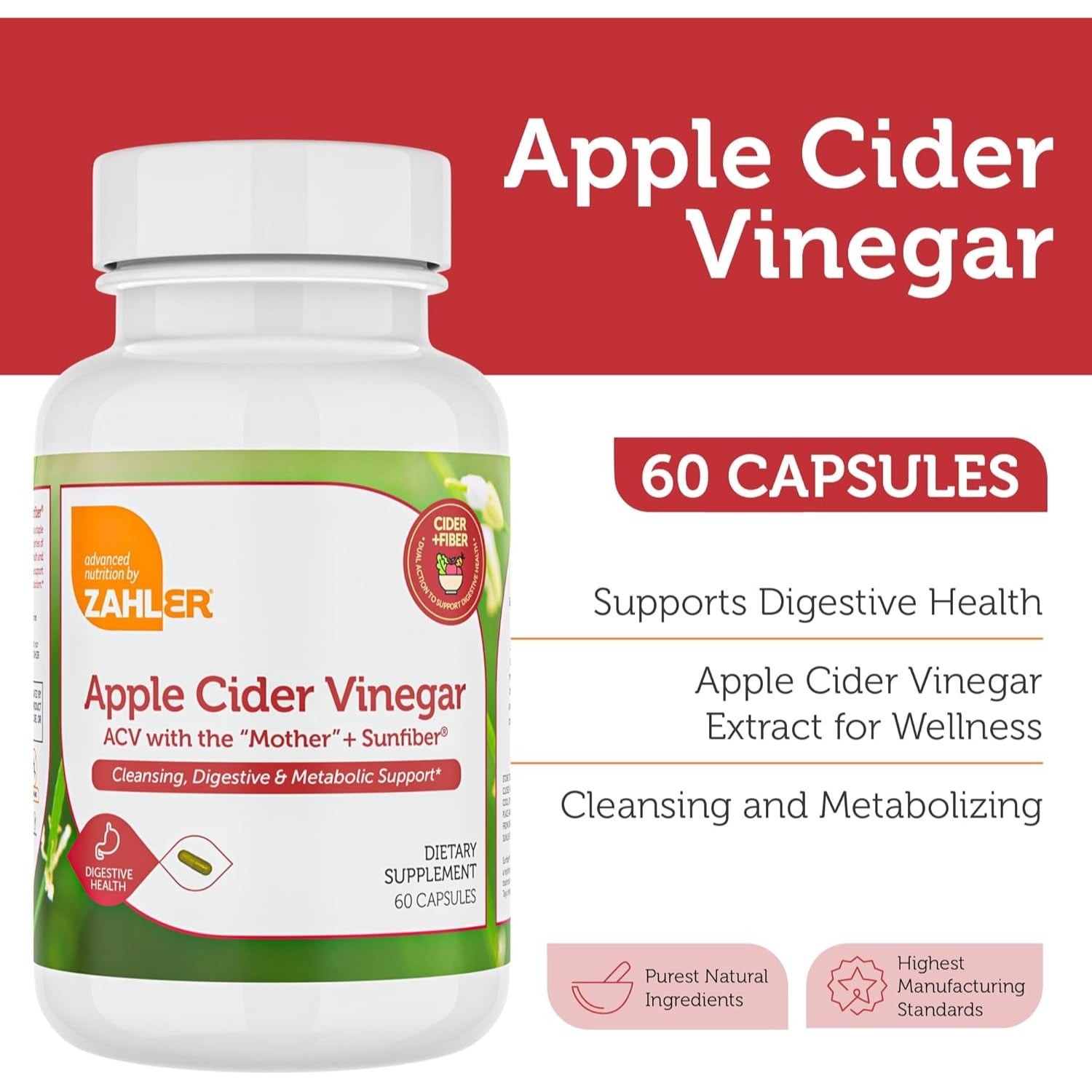 Zahler Apple Cider Vinegar Capsules with Fiber Supplement - Cleansing, Digestive and Metabolic Support 60 Count