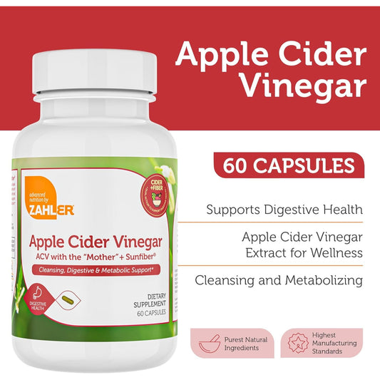 Zahler Apple Cider Vinegar Capsules with Fiber Supplement - Cleansing, Digestive and Metabolic Support 60 Count