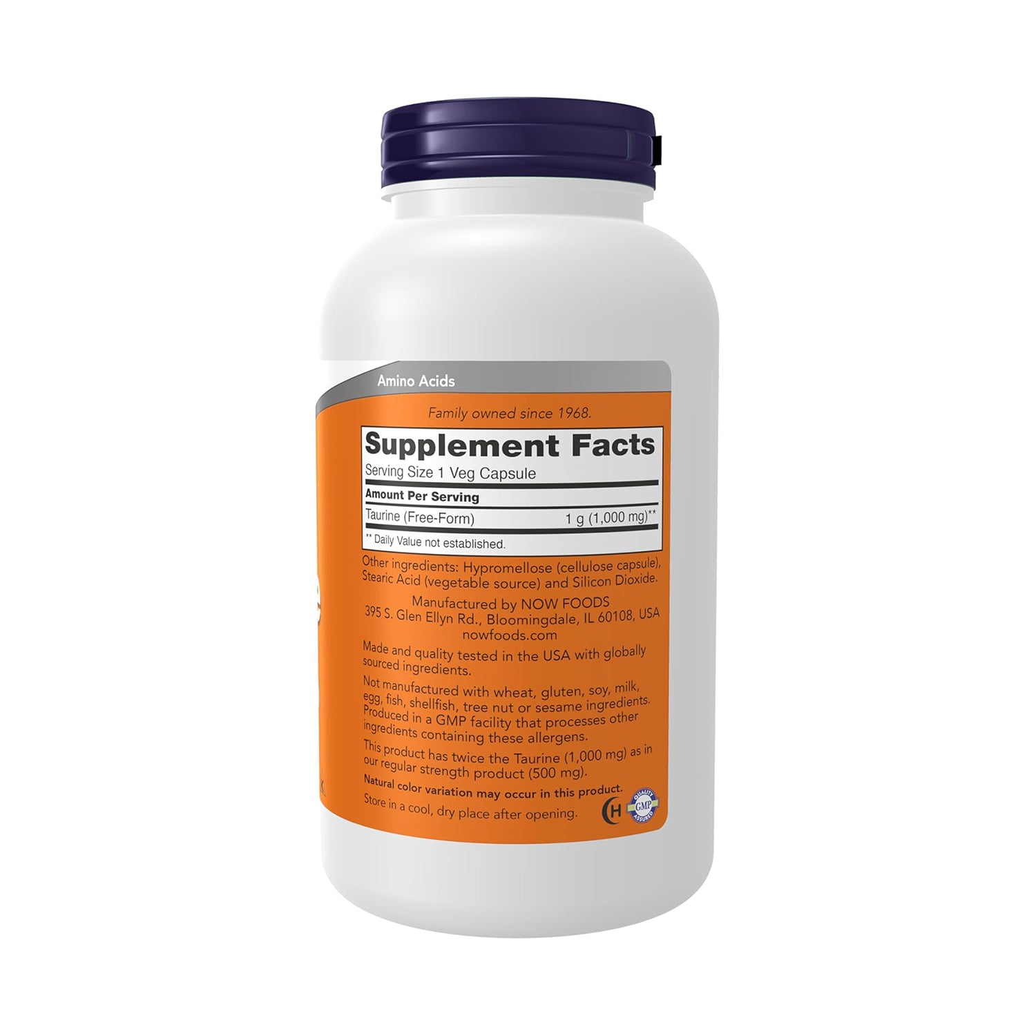 NOW Foods Supplements, Taurine 1,000 mg, Double Strength, Nervous System Health*, 250 Veg Capsules