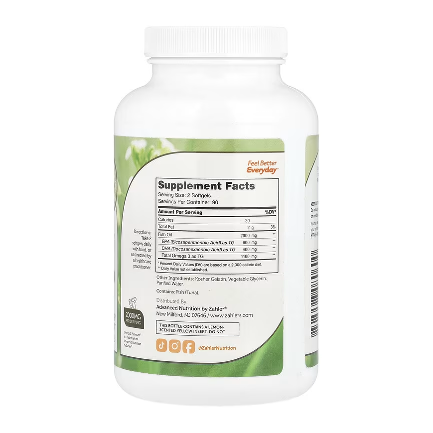 Zahler, Omega 3 Platinum, Advanced Omega 3 Fish Oil, 180 Softgels (1,000 mg per Softgel)