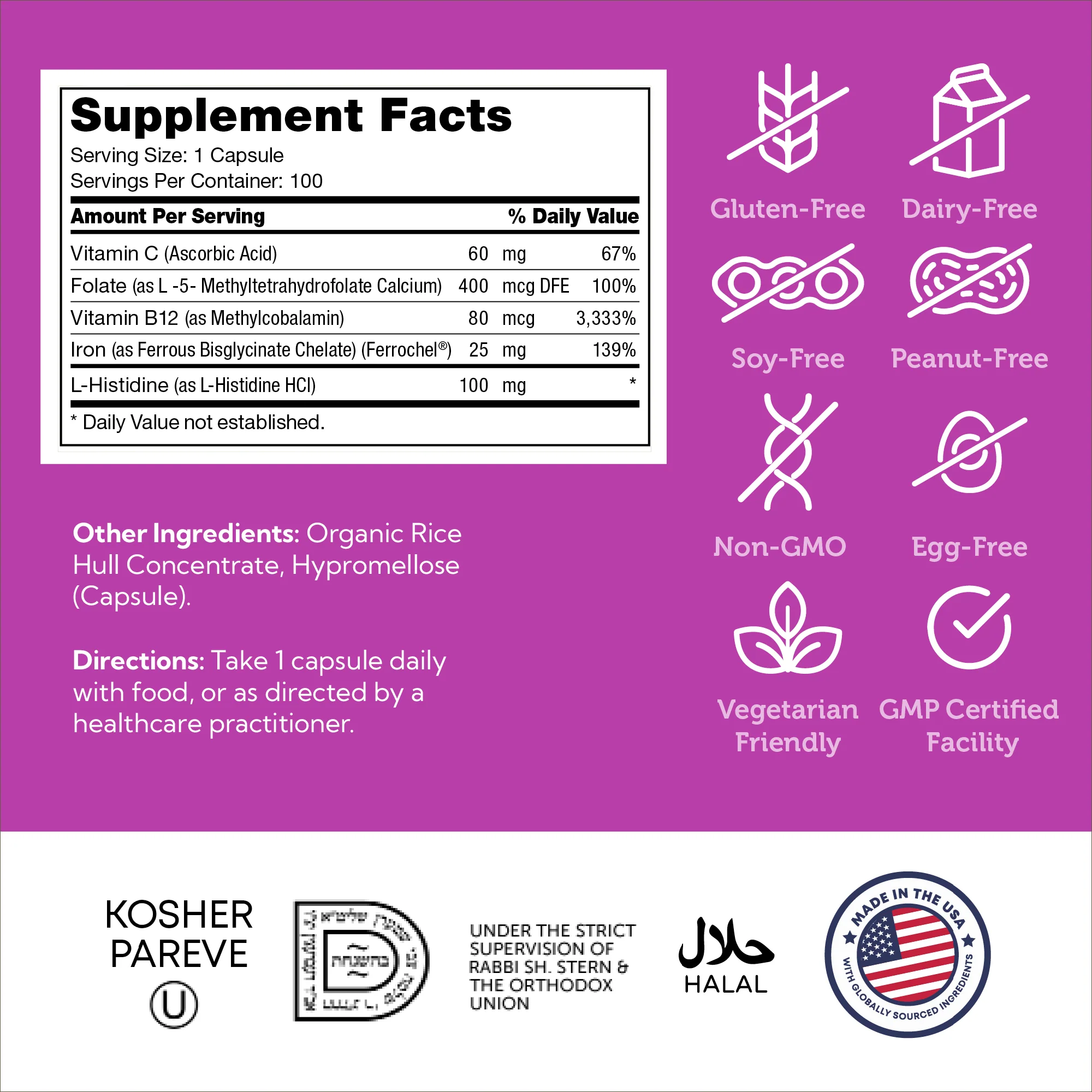 Zahler Iron Supplement with Vitamin C for Women and Men - High Absorption 100 Count