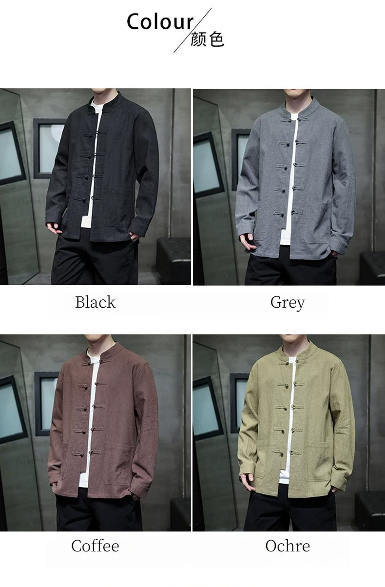 Ramie Stand Collar Men's Autumn Chinese Style Retro Long Sleeved Cotton Linen Shirt