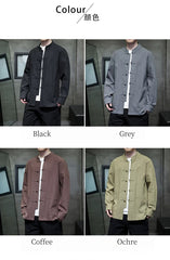 Ramie Stand Collar Men's Autumn Chinese Style Retro Long Sleeved Cotton Linen Shirt