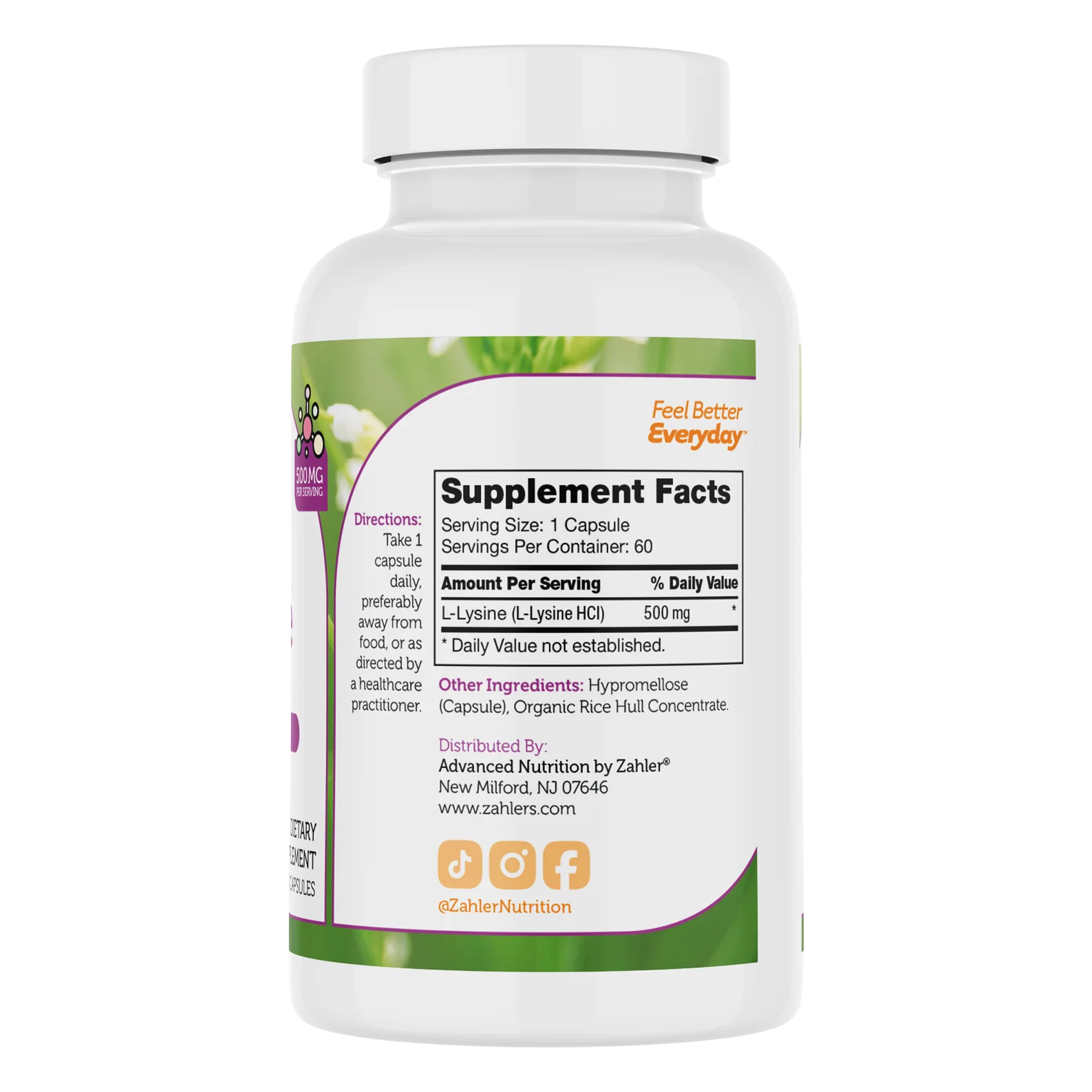 Zahler L-Lysine 500mg, Freeform L-Lysine Supplement, Kosher 60 Capsules