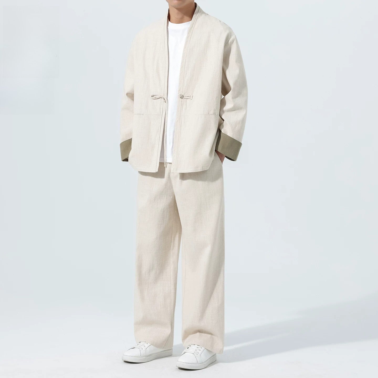 Large Size Men's Cotton Linen Kung Fu Uniform – Traditional 2-Piece Tang Suit for Tai Chi, Meditation & Daily Wear Beige Suit