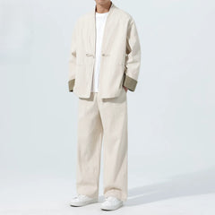 Large Size Men's Cotton Linen Kung Fu Uniform – Traditional 2-Piece Tang Suit for Tai Chi, Meditation & Daily Wear Beige Suit