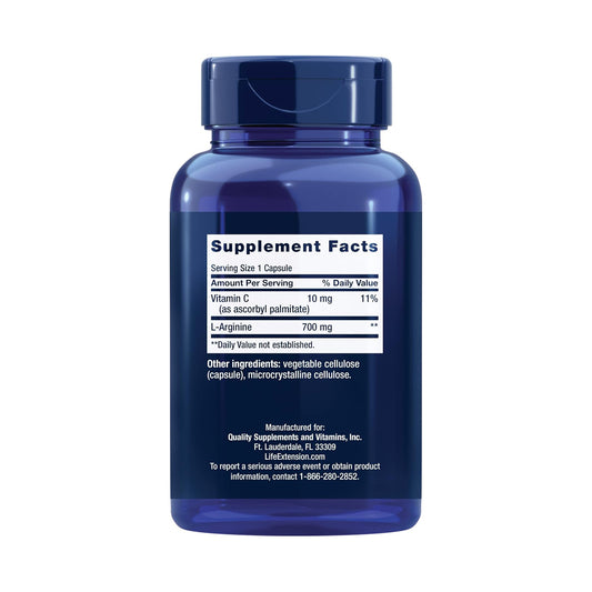 Life Extension L-Arginine Caps, 700 mg, Vitamin C & Amino Acid for Optimal arterial Health, Supports Heart & Immune Health, Healthy Tissue & Bones, 200 Capsules