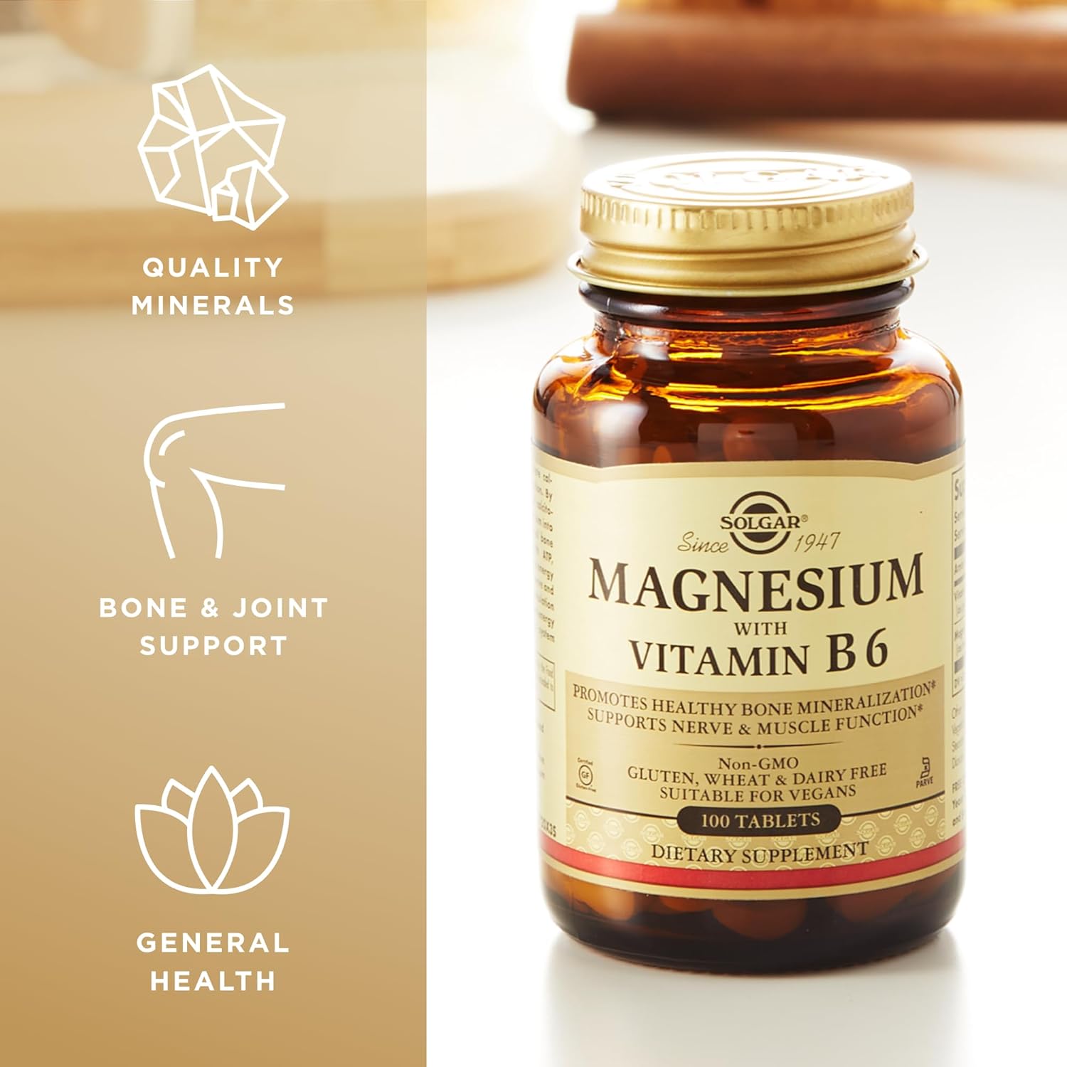 Solgar Magnesium with Vitamin B6, 100 Tablets Promotes Healthy Bone Mineralization, Supports Nerve & Muscle Function