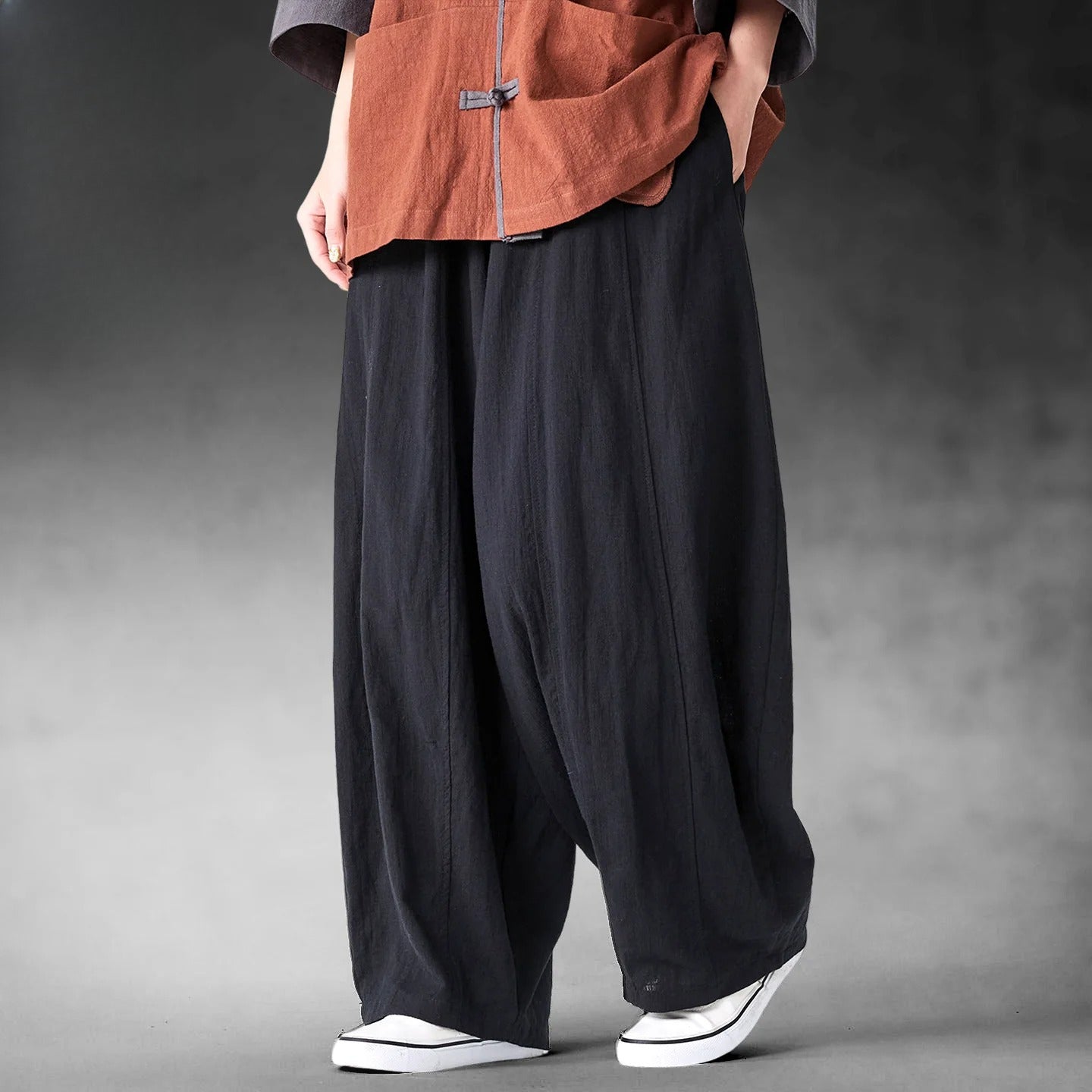 Unsexual Cotton Wide Leg Pants Long Pants- Black / Navy Blue / Hemp