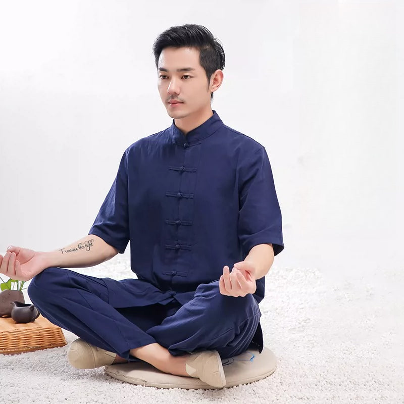 Zen Jushi Clothing – Cotton Linen Tai Chi & Yoga Outfit, Unisex Dharma / Tea Ceremony Suit Navy blue Short sleeves