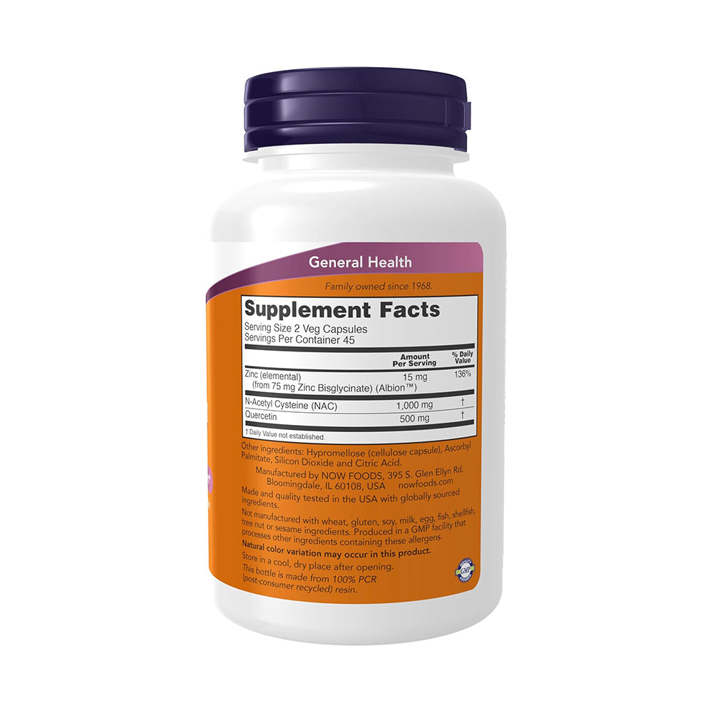 NOW Foods Supplements, NAC Quercetin and Zinc, Immune and Respiratory Support*, 1,000 mg NAC, 500 mg Quercetin, 15 mg Zinc, 90 Veg Capsules