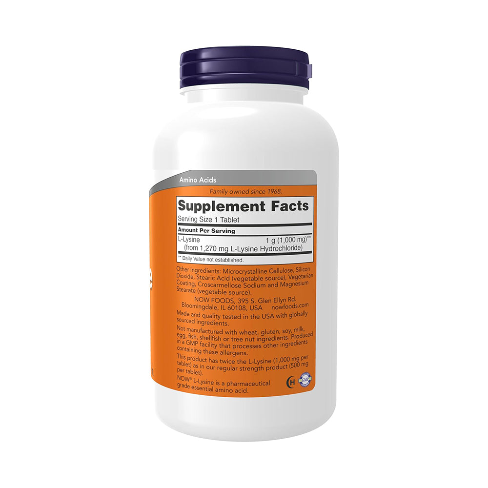 NOW Foods Supplements, L-Lysine (L-Lysine Hydrochloride) 1,000 mg, Double Strength, Amino Acid, 250 Tablets