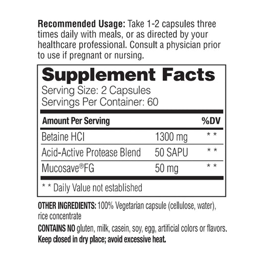 Enzymedica, Betaine HCl, Occasional Heartburn and Indigestion Support, 120 Capsules