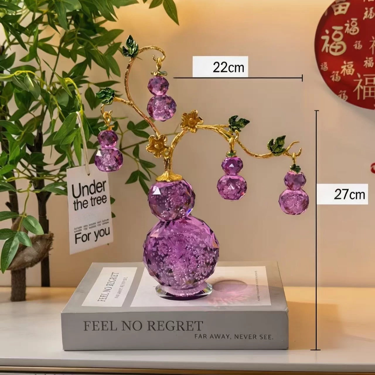 Purple K9 Crystal Gourd Ornament – "Five Blessings" Feng Shui Decor for Living Room, Entryway & Office