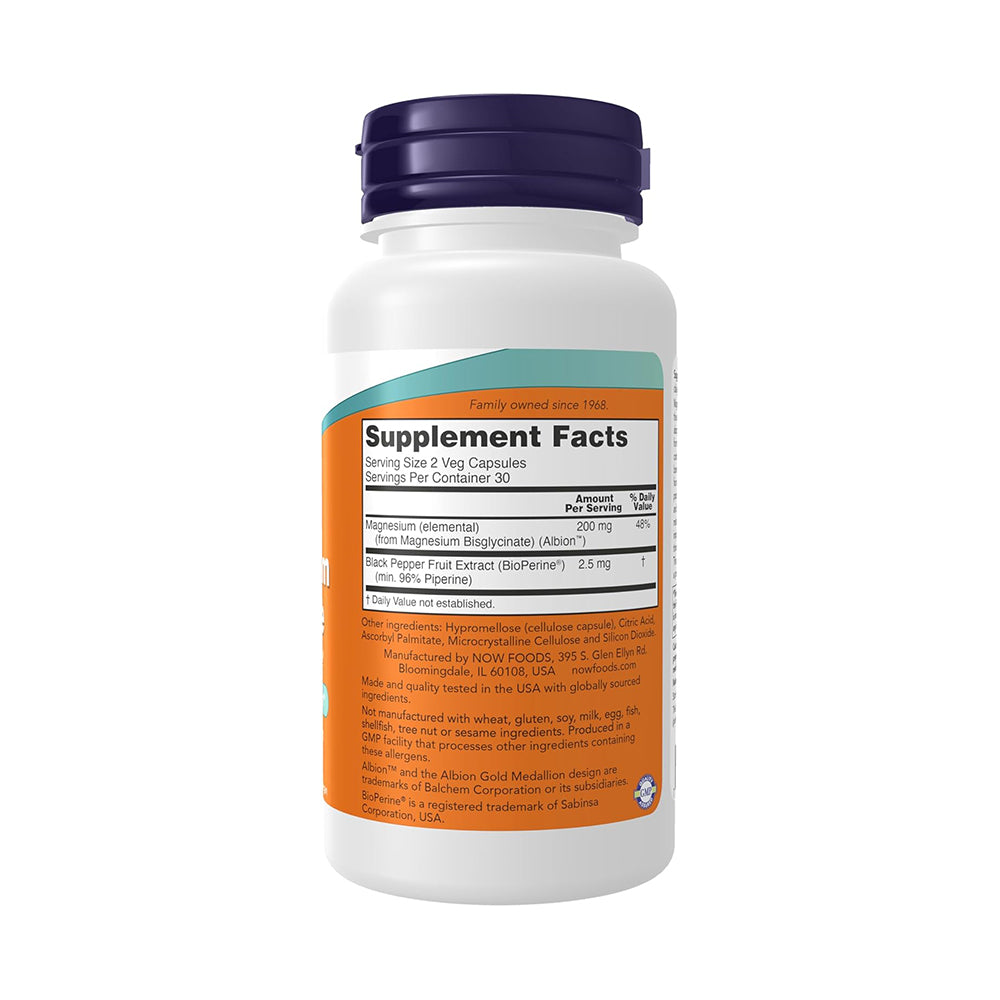 NOW Foods Supplements, Magnesium Glycinate with BioPerine, 60 Veg Capsules